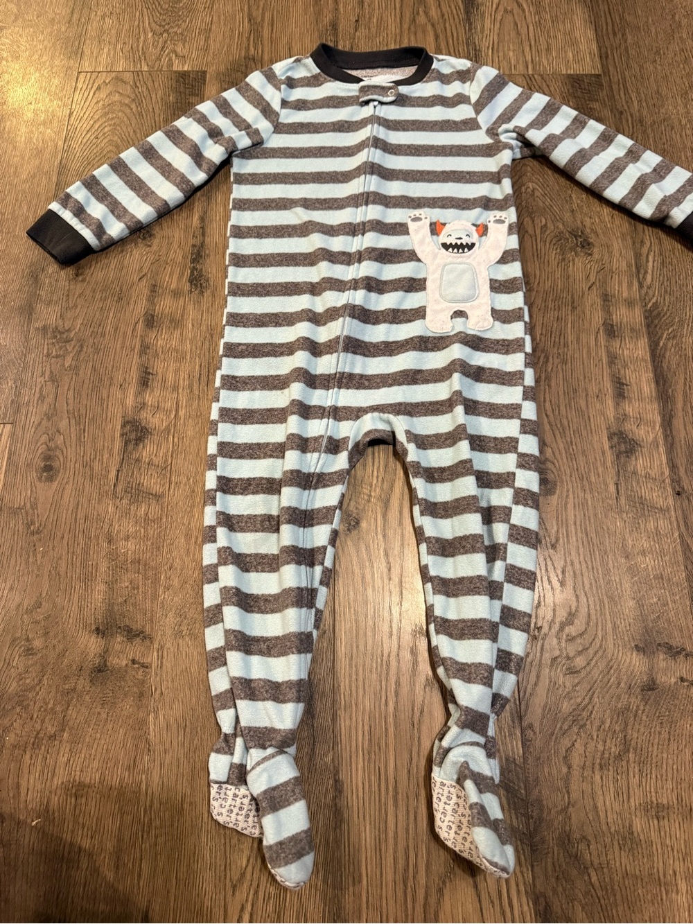 Carter's Light Blue and Brown Striped Footed Pajama One-Piece with Monster Patch